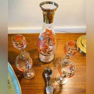 Hand painted floral decanter and matching glasses